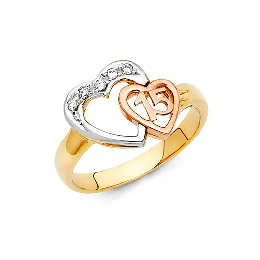 14K Tri-Color CZ Quinceañera Heart Ring with Double Heart and “15” Design