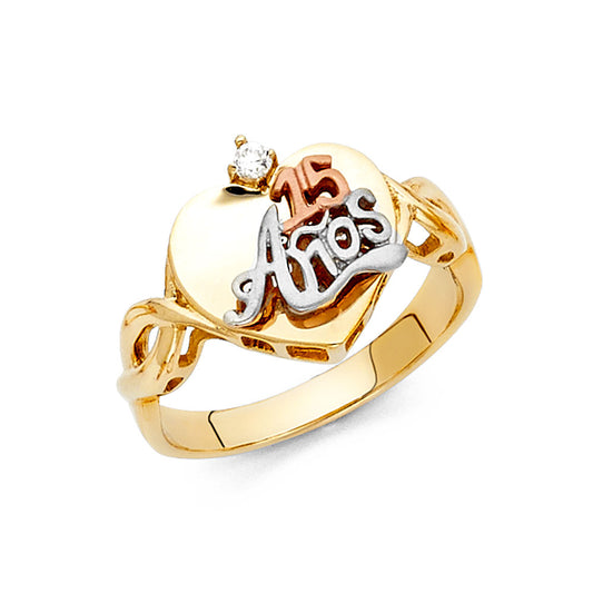 14K Tri-Color CZ Quinceañera Ring with “15 Años” Design