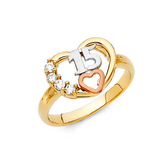 14K Tri-Color CZ Quinceañera Heart Ring with Double Heart and “15” Design