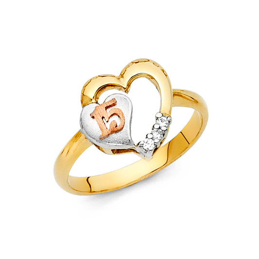14K Tri-Color CZ Quinceañera Heart Ring with Double Heart and “15” Design
