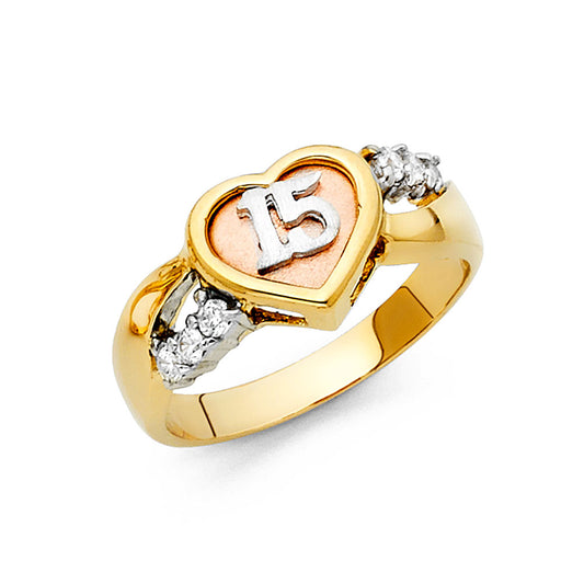 14K Tri-Color CZ Quinceañera Heart Ring with “15” Design