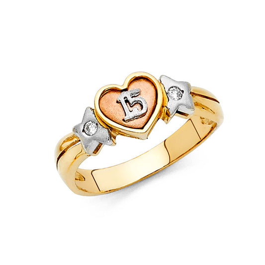 14K Tri-Color CZ Quinceañera Heart Ring with “15” and Rose Accents