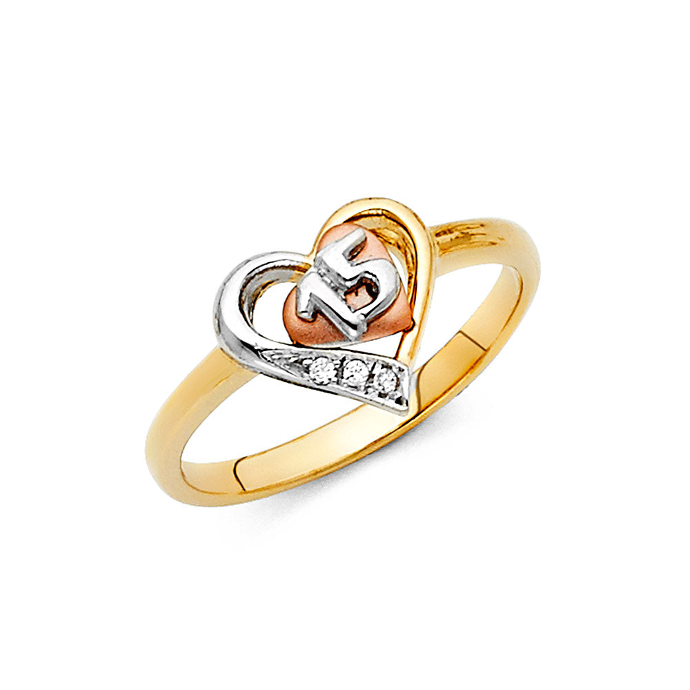 14K Tri-Color CZ Quinceañera Heart Ring with “15” Design
