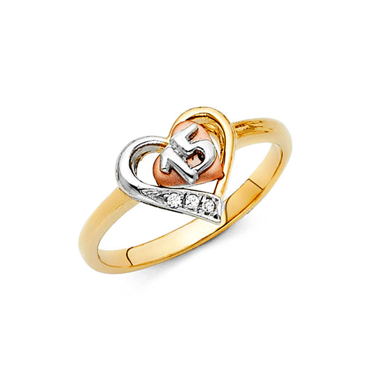 14K Tri-Color CZ Quinceañera Heart Ring with “15” Design