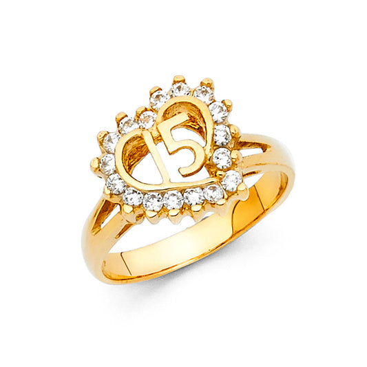 14K Yellow Gold CZ Quinceañera Heart Ring with “15” Design
