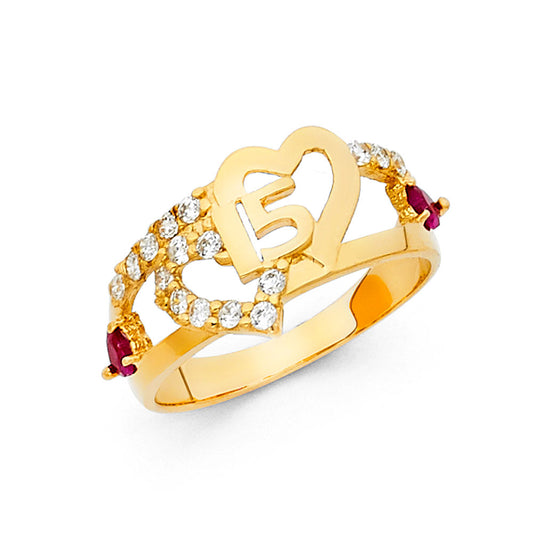 14K Yellow Gold CZ Quinceañera Double Heart Ring with Synthetic Ruby Accents