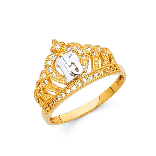 14K Yellow Gold CZ Quinceañera Double Heart Ring with Synthetic Ruby