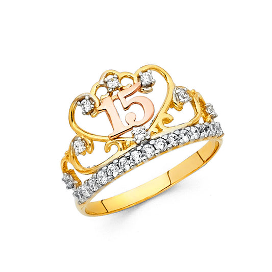 14K Two-Tone Gold Quinceañera Crown Design with Number 15 and Cubic Zirconia Accents