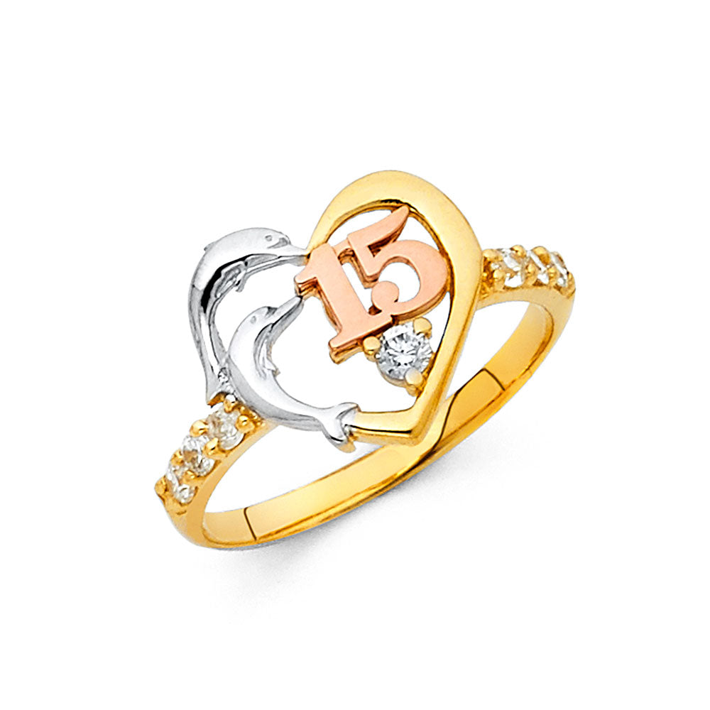 14K Tri-Color Gold Quinceañera Heart and Dolphin Design with Cubic Zirconia Accents