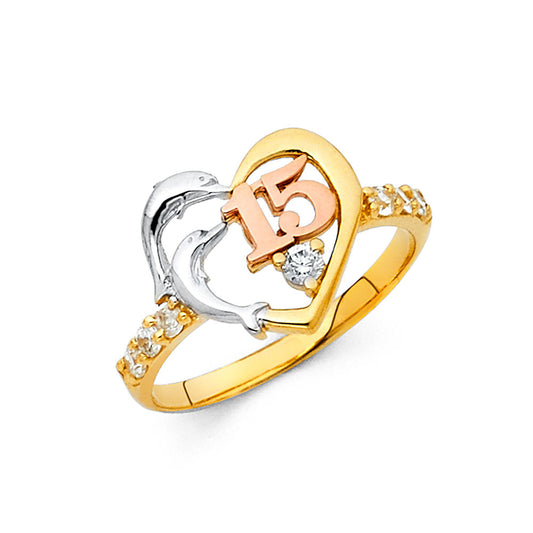 14K Tri-Color Gold Quinceañera Heart and Dolphin Design with Cubic Zirconia Accents