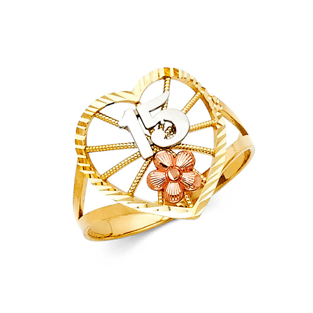 14K Tri-Color Gold 15 Años Quinceañera Ring