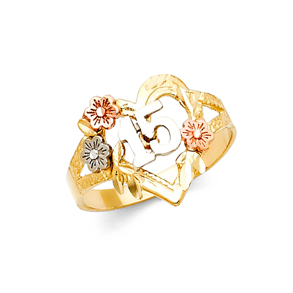 14K Tri-Color Gold 15 Años Quinceañera Ring
