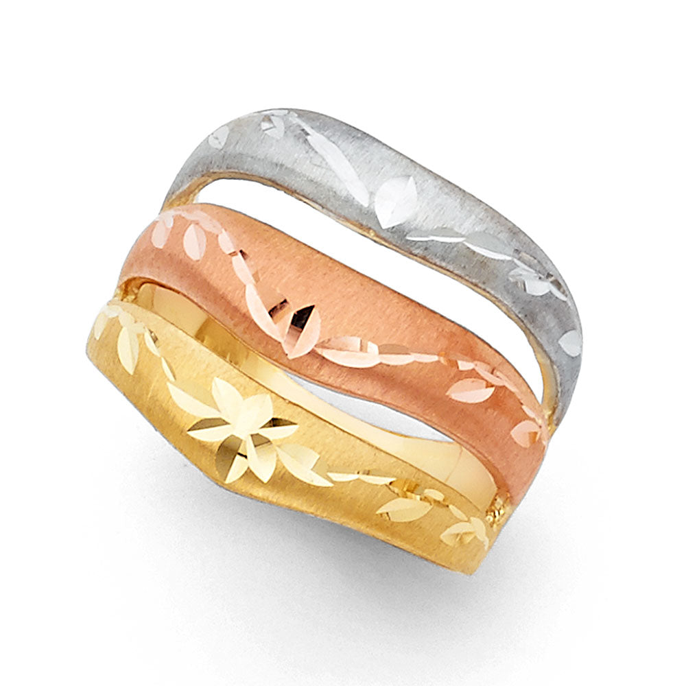 14K Tri-Color Gold Women's Diamond-Cut Floral Design Ring