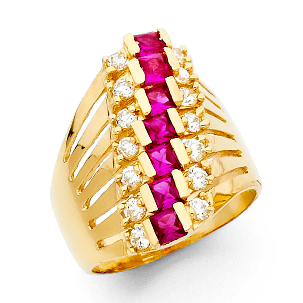 14K Yellow Gold Women’s 7-Line Ring with Synthetic Red Ruby CZ & Round CZ Accents
