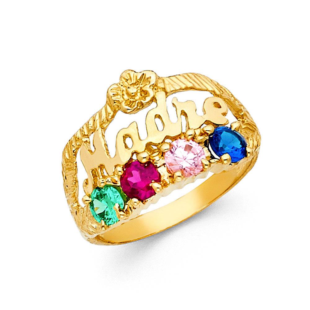 14K Yellow Gold Mom Design Multicolor CZ Ring, perfect for customization as a Mother’s Ring