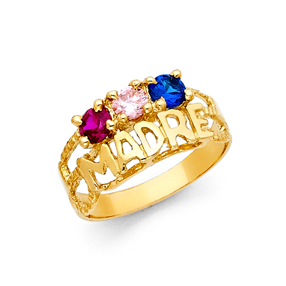 14K Yellow Gold Madre Design Multicolor CZ Ring, perfect for customization as a Mother’s Ring