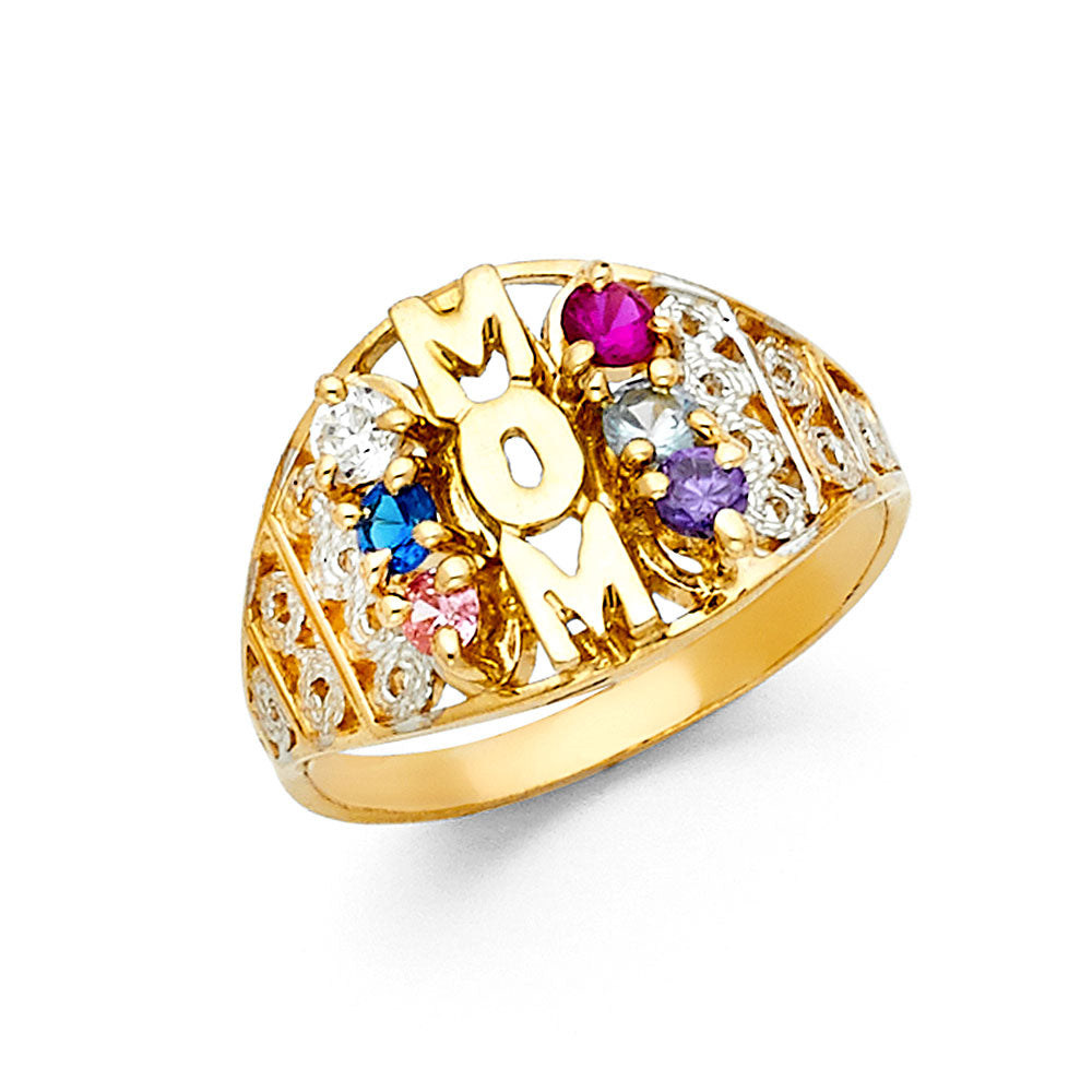 14K Yellow Gold Mom Design Multicolor CZ Ring, perfect for customization as a Mother’s Ring