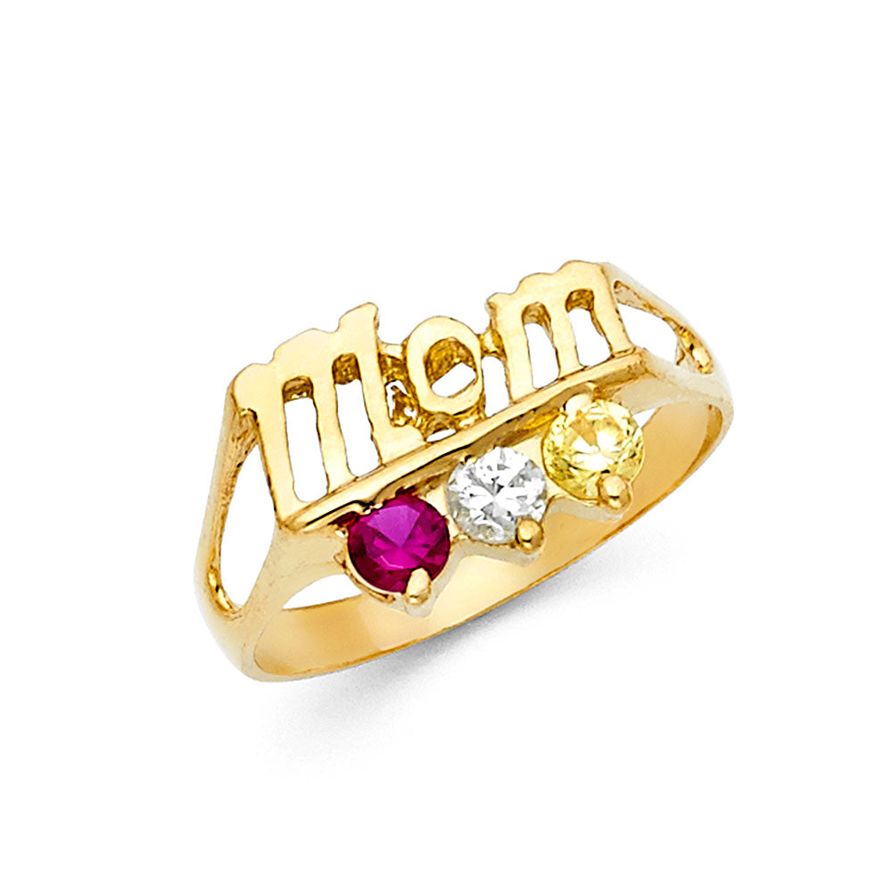 14K Yellow Gold MOM Design Multicolor CZ Ring, perfect for customization as a Mother’s Ring