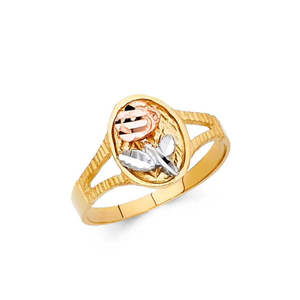 14K Tri-Color Gold Rose Filigree Design Ring