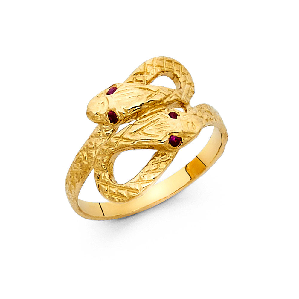 14K Yellow Gold Double Snake Design Synthetic Red Ruby CZ Ring