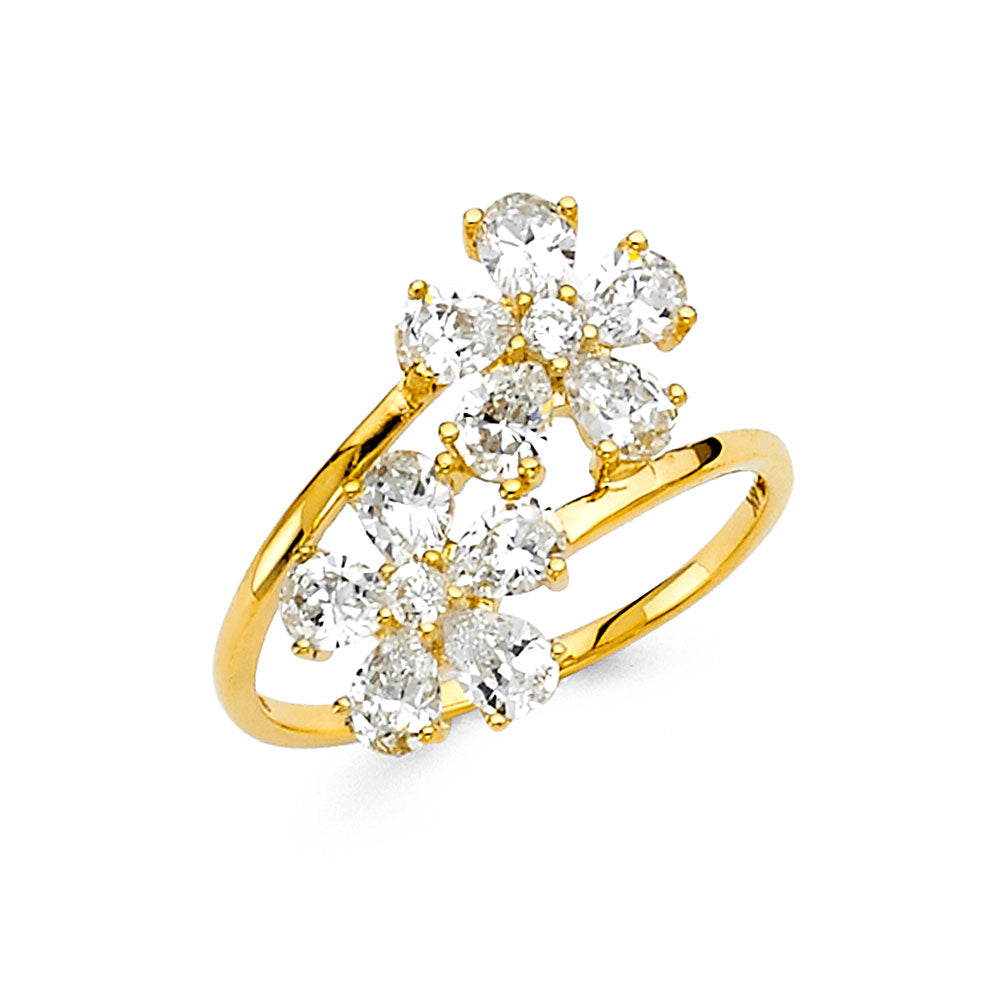 14K Yellow Gold Women's Double Flower CZ Ring