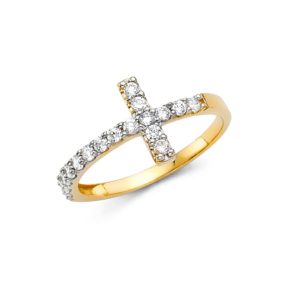 14K Yellow Gold Cross CZ Ring