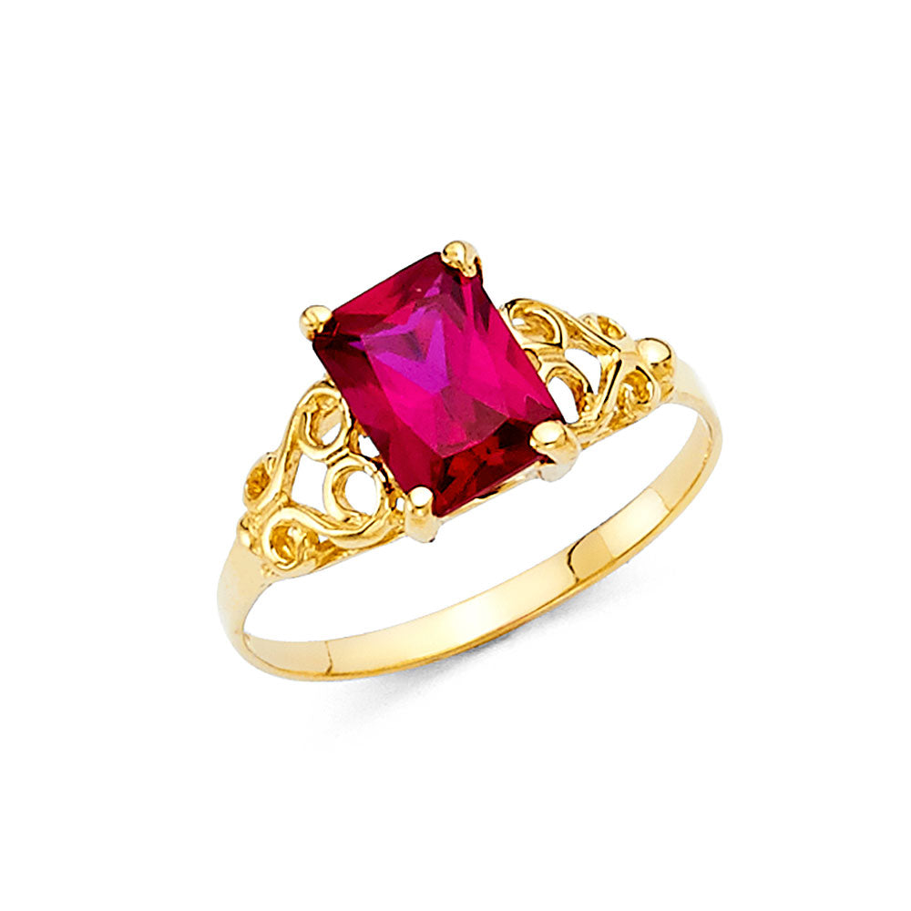 14K Yellow Gold Filigree Design Synthetic Red Ruby CZ Ring