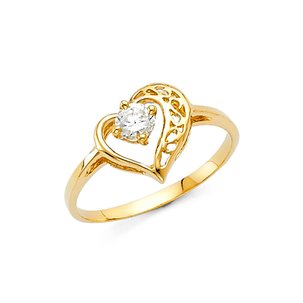 14K Yellow Gold Filigree Heart Design Solitaire CZ Women’s Ring