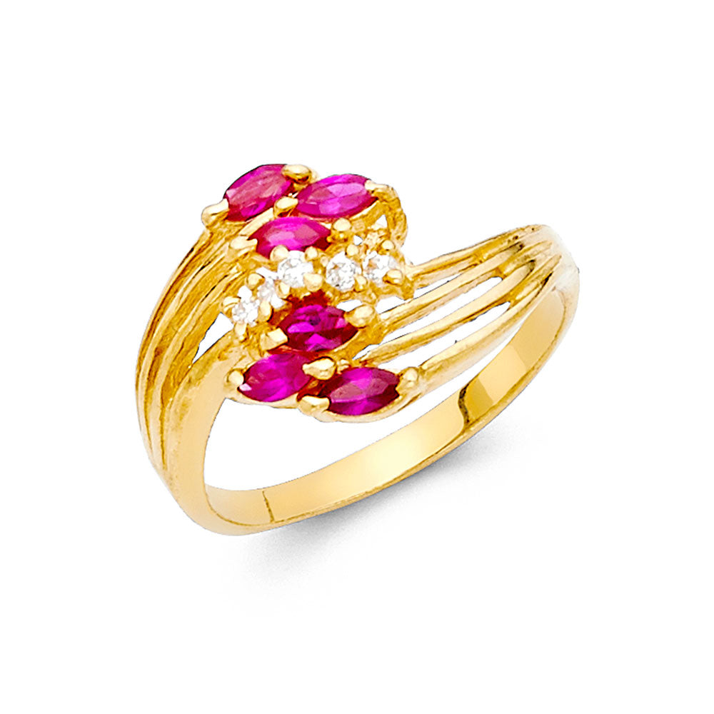 14K Yellow Gold Women’s 6-Marquise Synthetic Red Ruby CZ & White CZ Split-Shank Ring