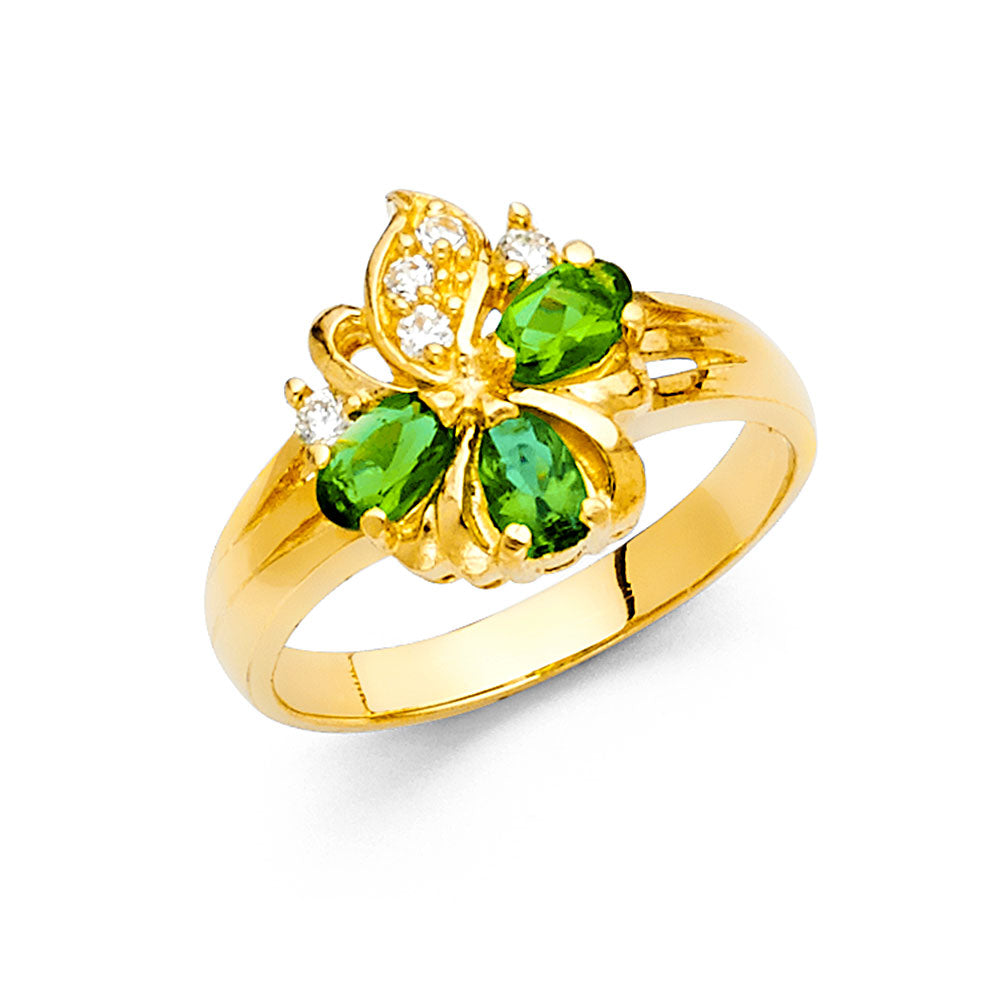 14K Yellow Gold Women’s Floral Design Synthetic Emerald Green CZ & White CZ Ring