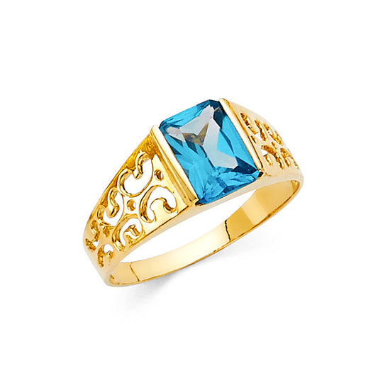 14K Yellow Gold Children’s / Teen’s Filigree Ring with Synthetic Emerald-Cut Blue Sapphire