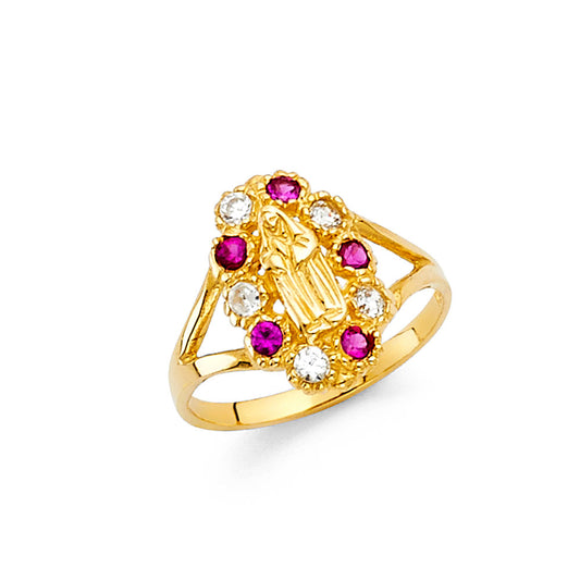 14K Yellow Gold Children’s Virgin Mary Ring with Synthetic Ruby and Cubic Zirconia Accents