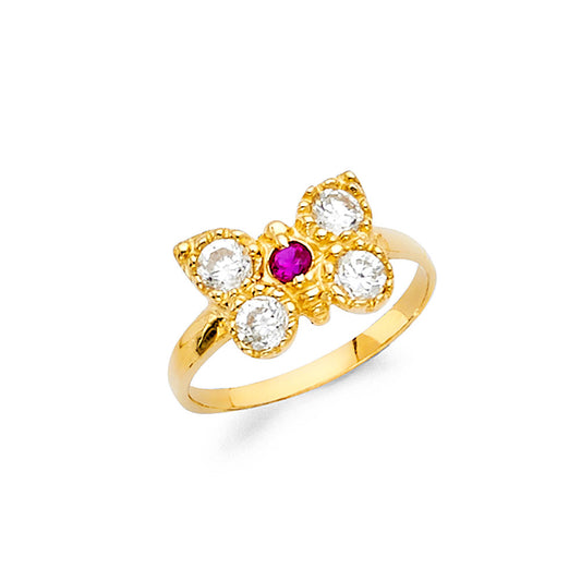 14K Yellow Gold Children’s Butterfly Design Ring with Synthetic Ruby and Cubic Zirconia