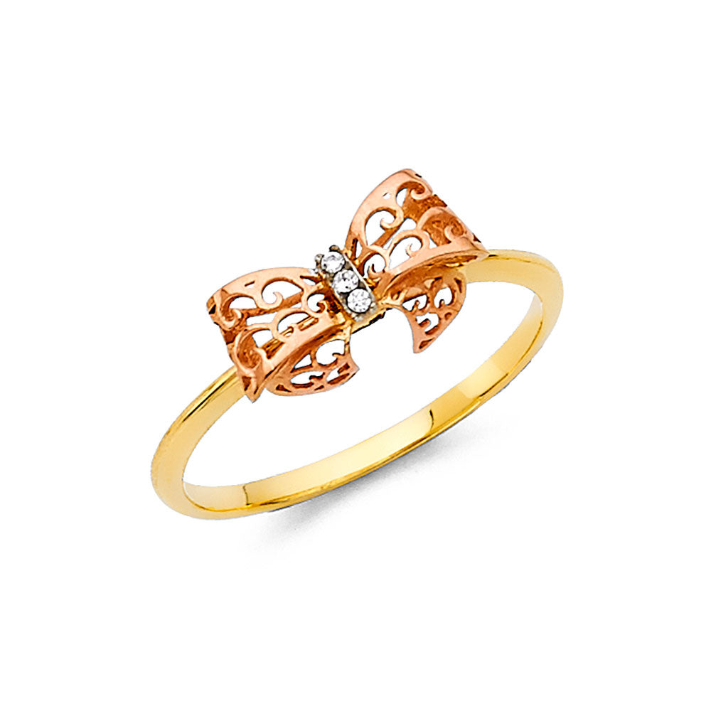 14K Two-Tone Gold Filigree Bow CZ Ring