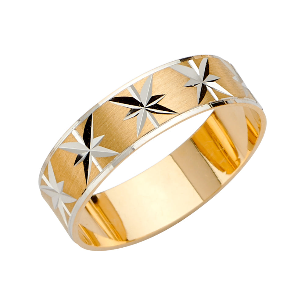 14K Two-Tone Gold Diamond-Cut Star Pattern 6mm Men's Wedding Band