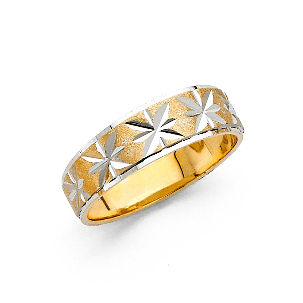 14K Two-Tone Gold Diamond-Cut Star Pattern 6mm Women's Wedding Band
