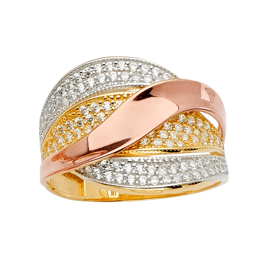 14K Tri-Color Gold Women's Crossover Pave CZ Ring