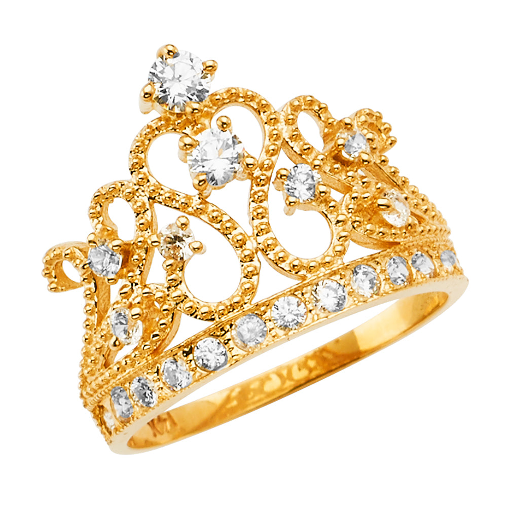 14K Yellow Gold Crown Filigree CZ Ring