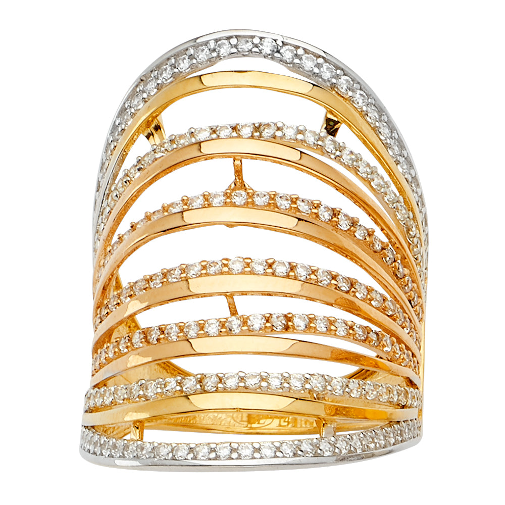 14K Yellow Gold Women's Multi-Row Open Design Pavé CZ Wide Ring