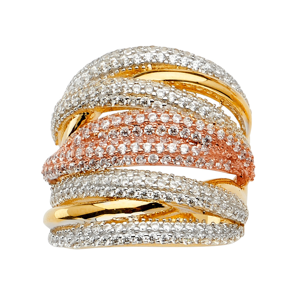 14K Tri-Color Gold Women's Multi-Row Pavé CZ Statement Ring