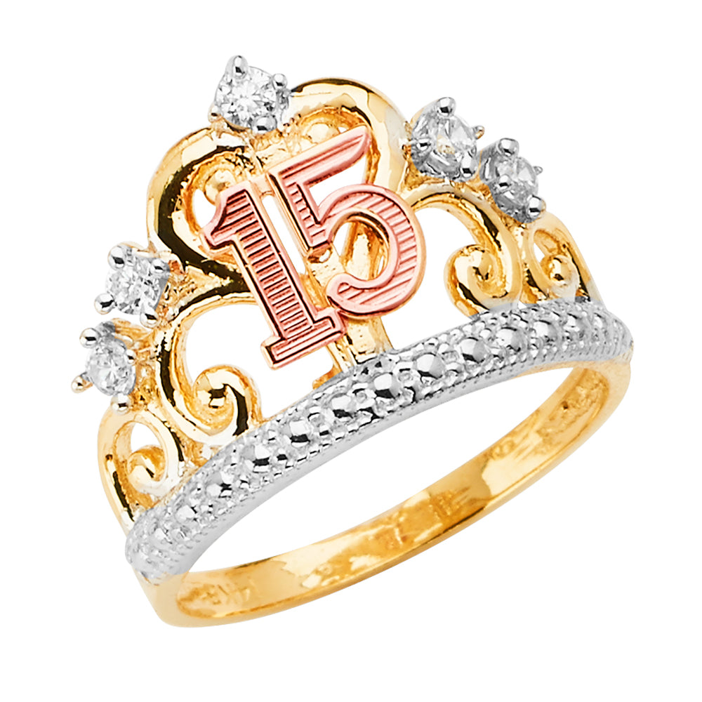 14K Tri-Color Quinceañera Crown Ring with CZ