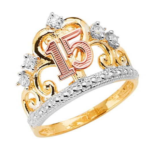 14K Tri-Color Quinceañera Crown Ring with CZ