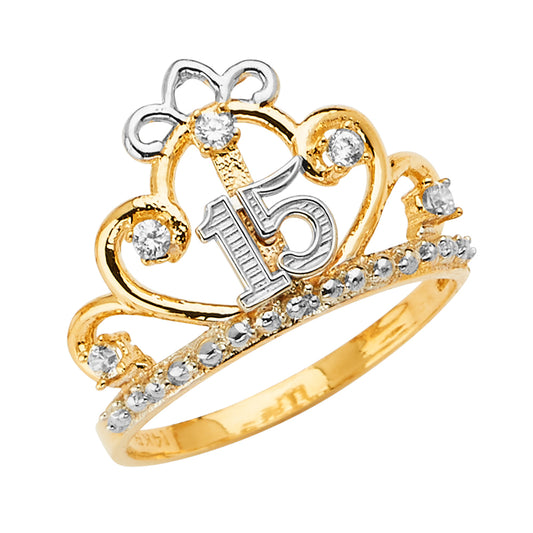 14K Two-Tone Quinceañera Crown Ring with CZ