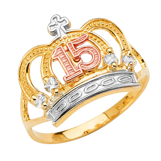 14K Tri-Color Quinceañera Crown Ring