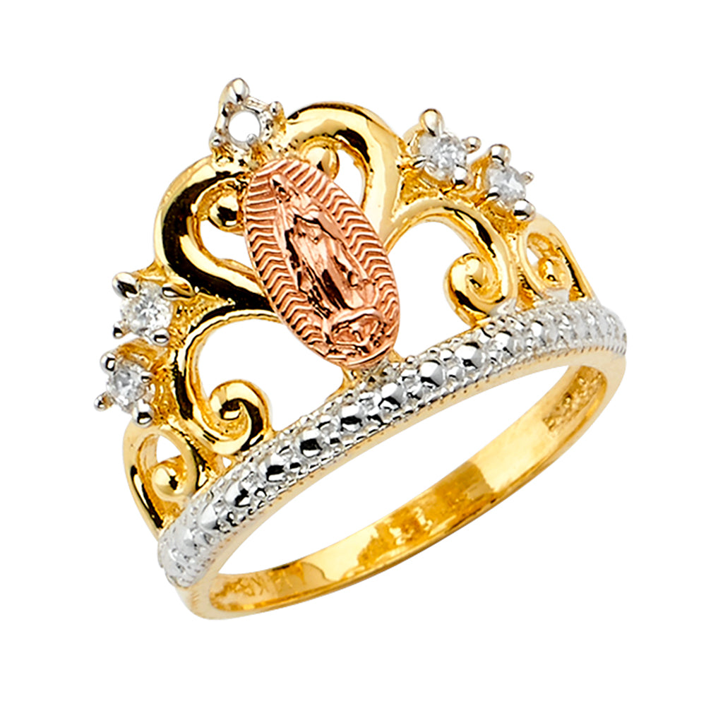 14K Tri-Color Gold Crown Design Our Lady of Guadalupe CZ Women’s Ring