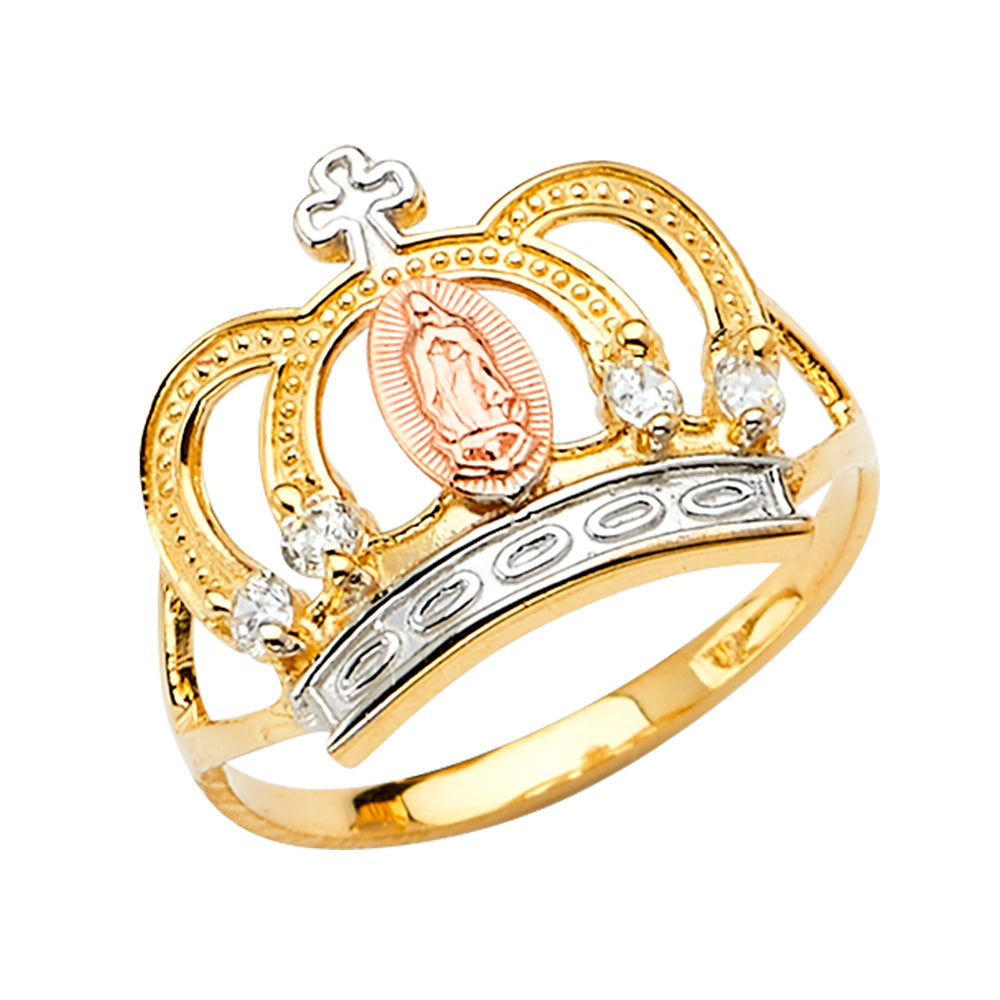 14K Tri-Color Gold Crown Design Our Lady of Guadalupe CZ Women’s Ring