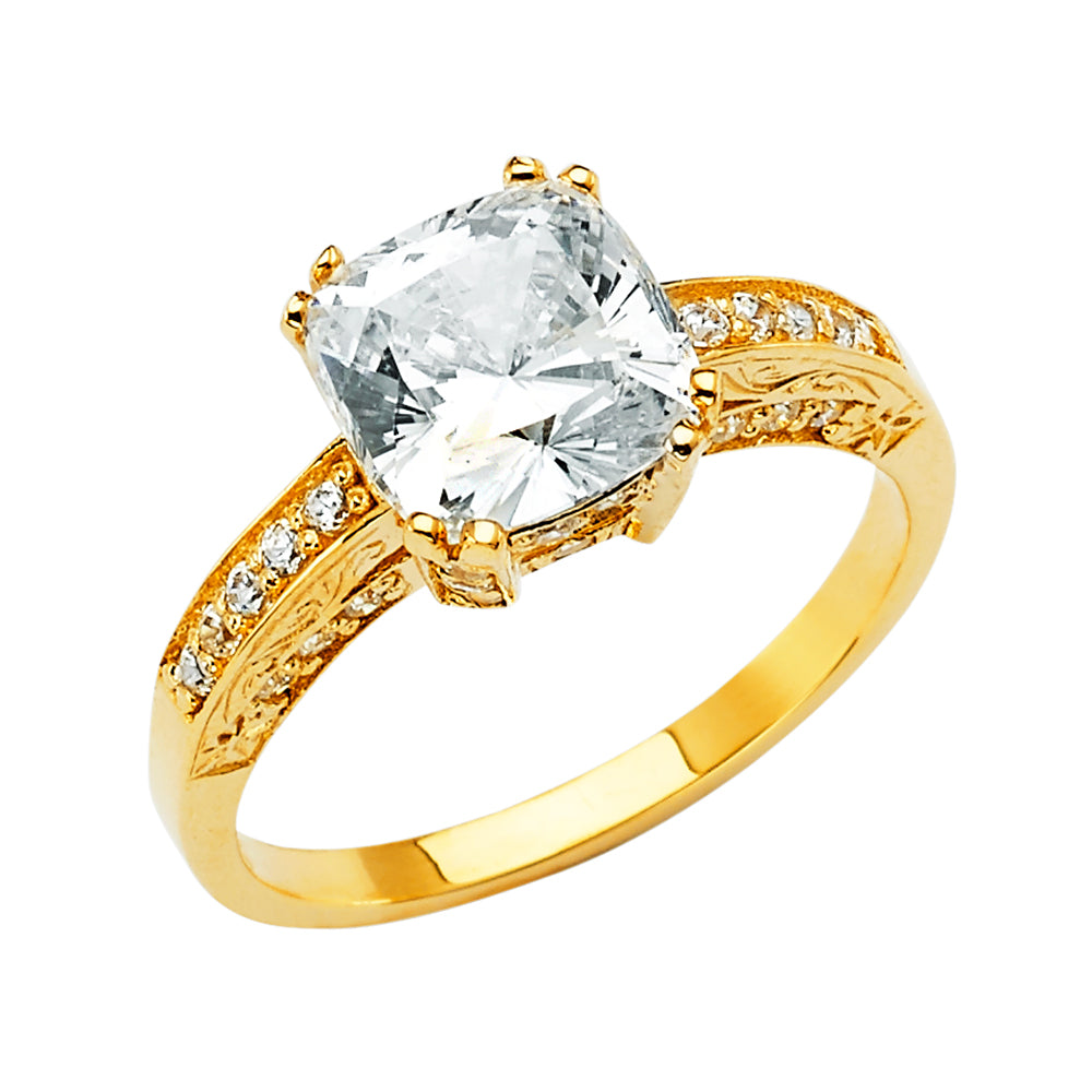 14K Yellow Gold Cushion Shaped Solitaire CZ Ring with Filigree & CZ Accents