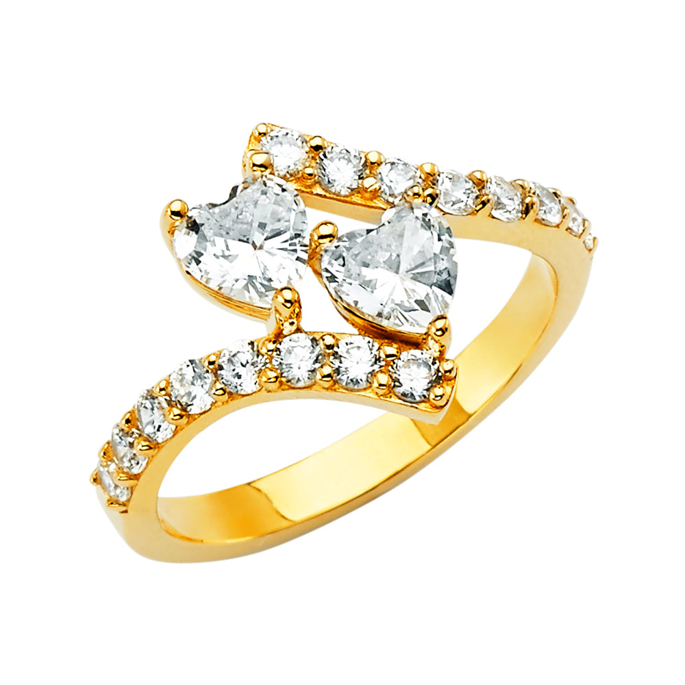 14K Yellow Gold Women’s Double Heart Bypass CZ Ring