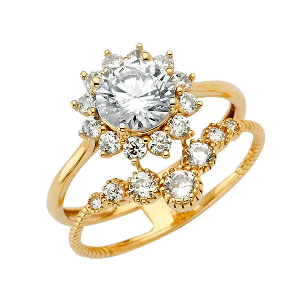 14K Yellow Gold 2-Piece Halo Solitaire CZ Ring Set