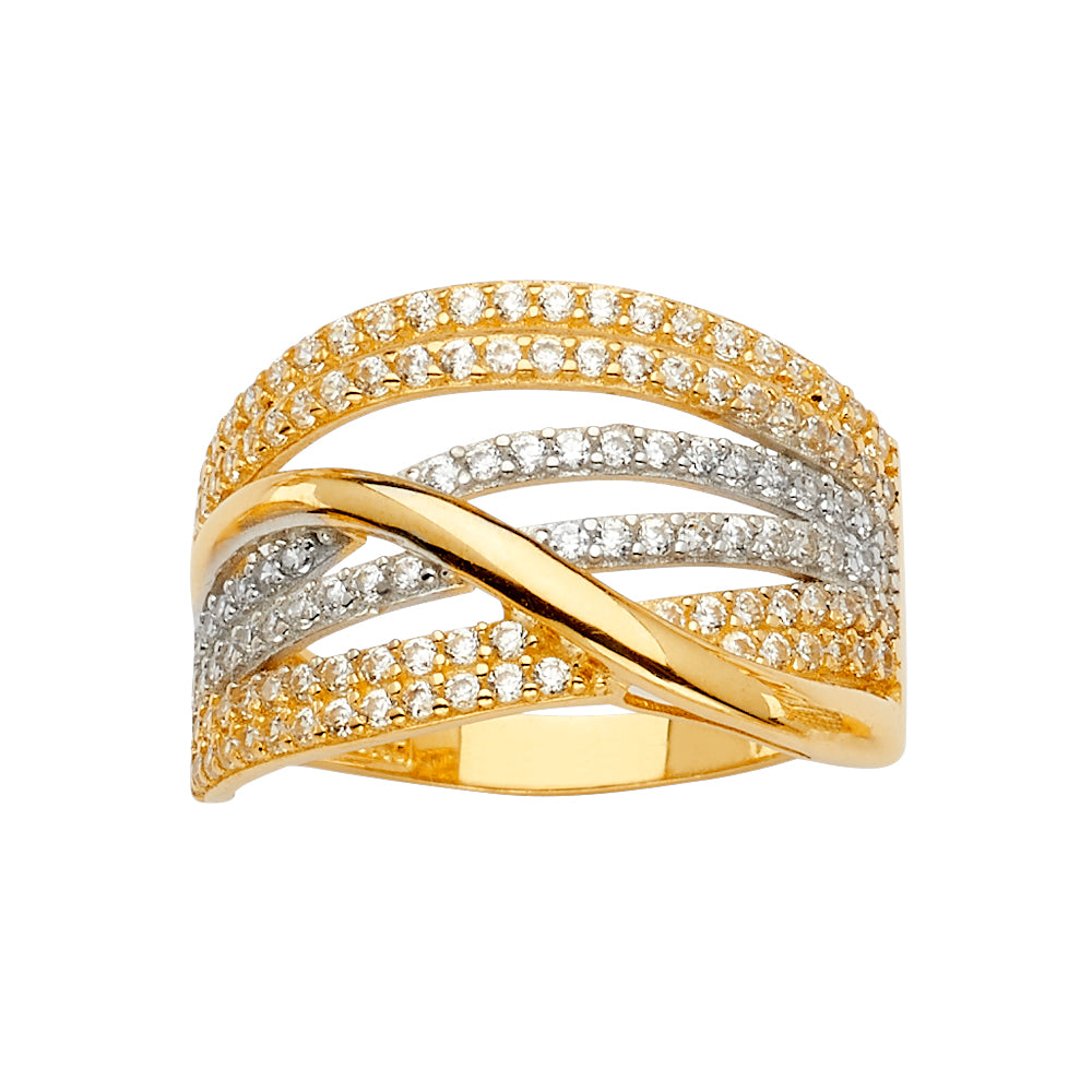14K Two-Tone Gold CZ Multi-Row Crossover Ring